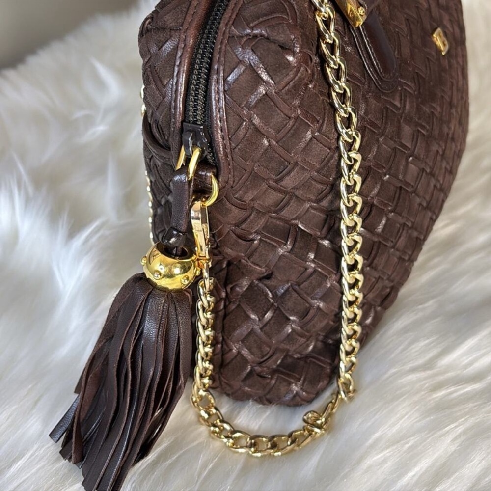 BALLY Elegant Brown Woven Suede & Leather Satchel w/Gold HDW, Chain & Tassel EUC - Picture 4 of 12